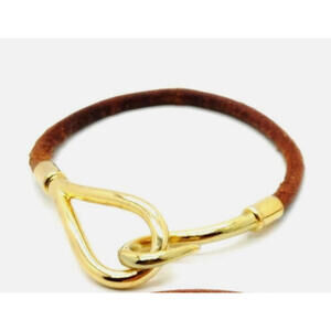 Authentic HERMES Jumbo Hook Leather Bracelet Brown Bangle Gold Tone Hooks